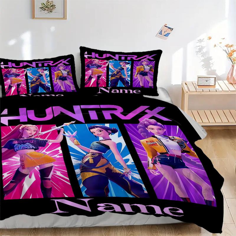 Custom Name Huntrix Name Bedding 3 Piece Set HD Print Duvet Cover Pillowcases for Teens Adult Bedroom Decoration