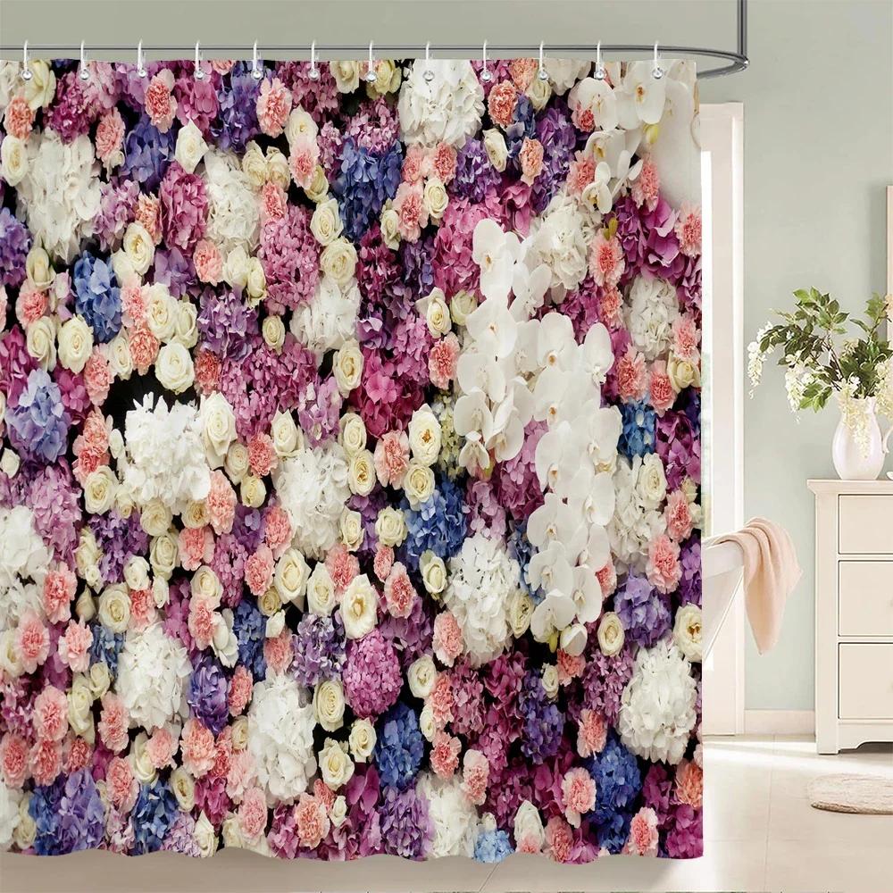 Rurality Fresh Flowers Wall Shower Curtains Bathroom Shower Curtain 3D Fabric Bath Curtain With Hooks Waterproof Bath Screen