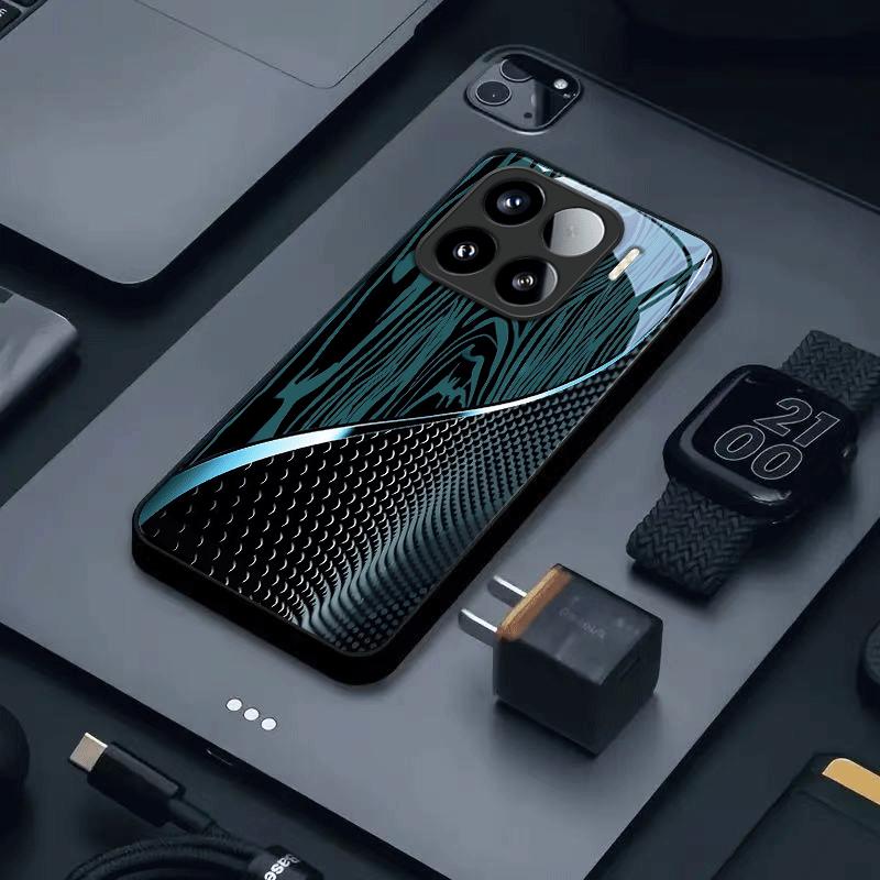 Black-Green Textured Dreamy Lines Tempered Glass Phone Case for iPhone 17 AIR 16 15 14 13 Pro 12 11 ProMax Plus