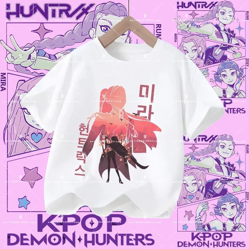 2026 New Kpop Demon Hunters Children's Polyester T-shirt - Girls' Casual Top with Cartoon Print - Summer Short-Sleeved Sports Shirt