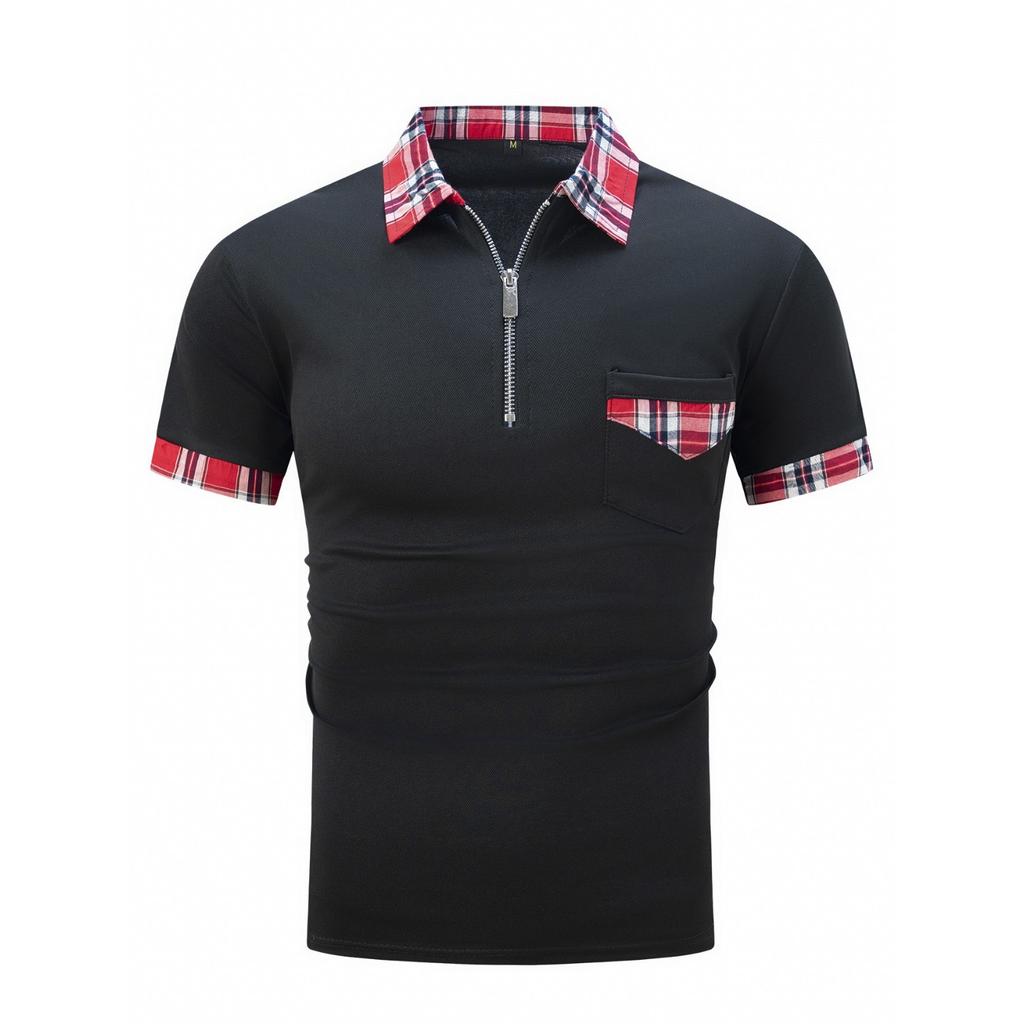 Neues Herren einfarbiges Collage-Taschen-Revers-Reißverschluss-Alltags-Freizeit-Kurzarm-Poloshirt