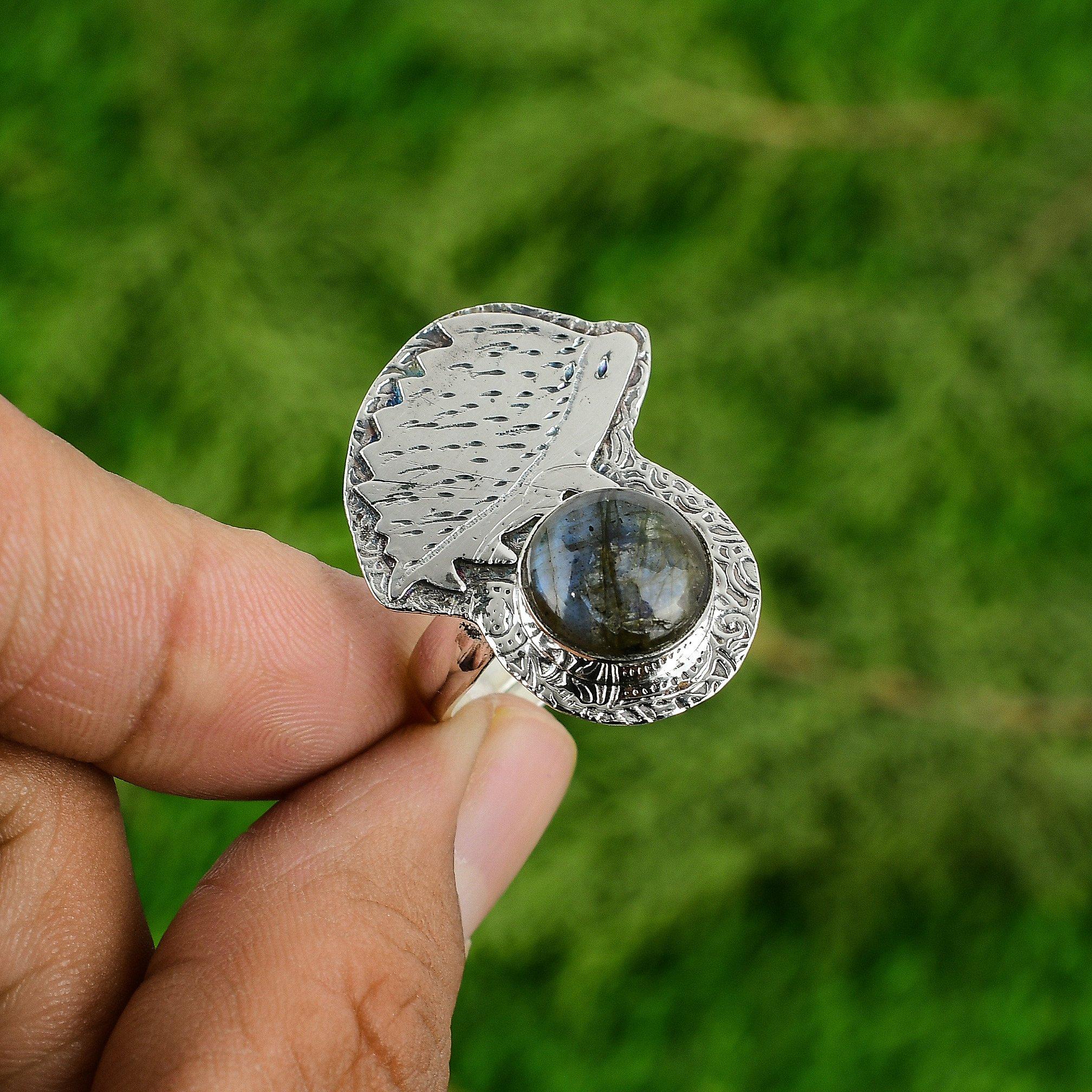 

Natural Labradorite Gemstone Solitaire Adjustable Ring 925 Sterling Silver Adjustable