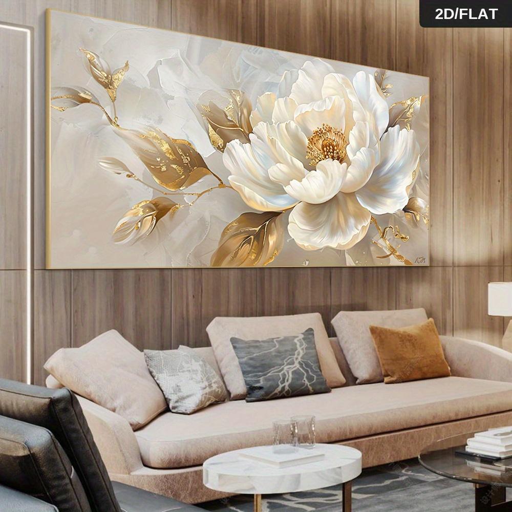 Un murale moderno astratto di peonie dorate - perfetto per l'arredamento del soggiorno e della camera da letto. La tela stampata, morbida e di colore chiaro, presenta