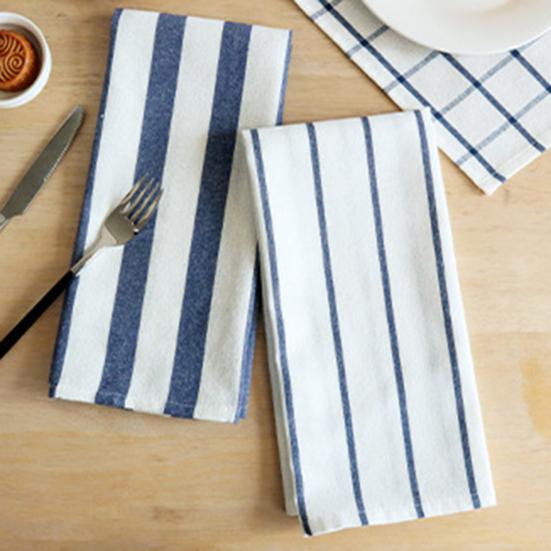 Kitchen Dish Towel Absorbent Quick Drying Tea Towel Blue Grid Striped Lint-Free Reusable Wipe Towel for Tableware Glassware Cookware