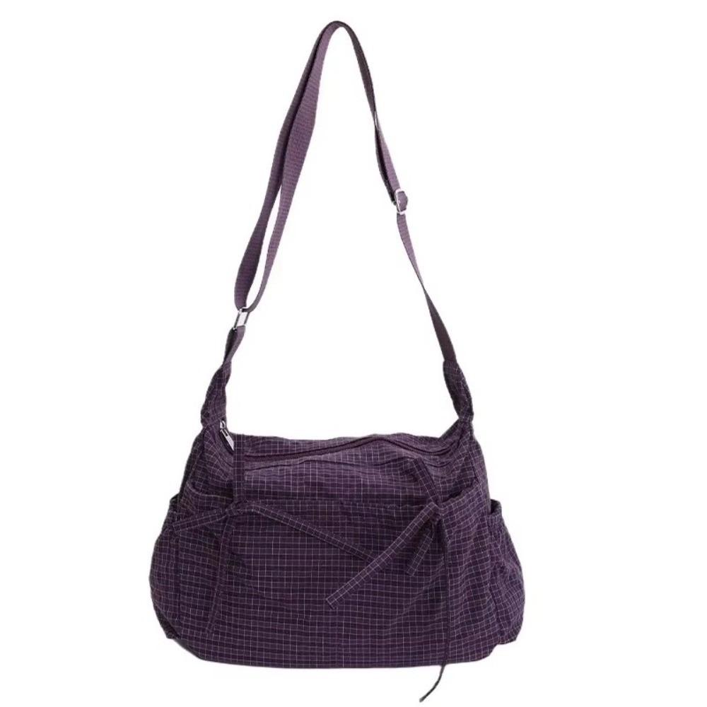Multiple Pockets Nylon Shoulder Bag Grid Hobo Bag Sweet Bow Crossbody Bag  Outdoor