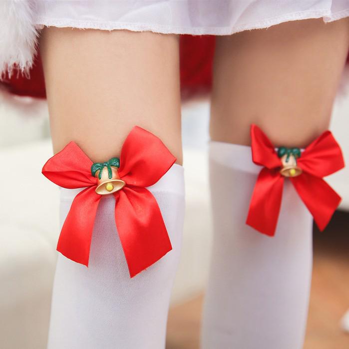 2017 Christmas Bell Thigh High Socks - White Over-the-Knee Festive Costume Socks