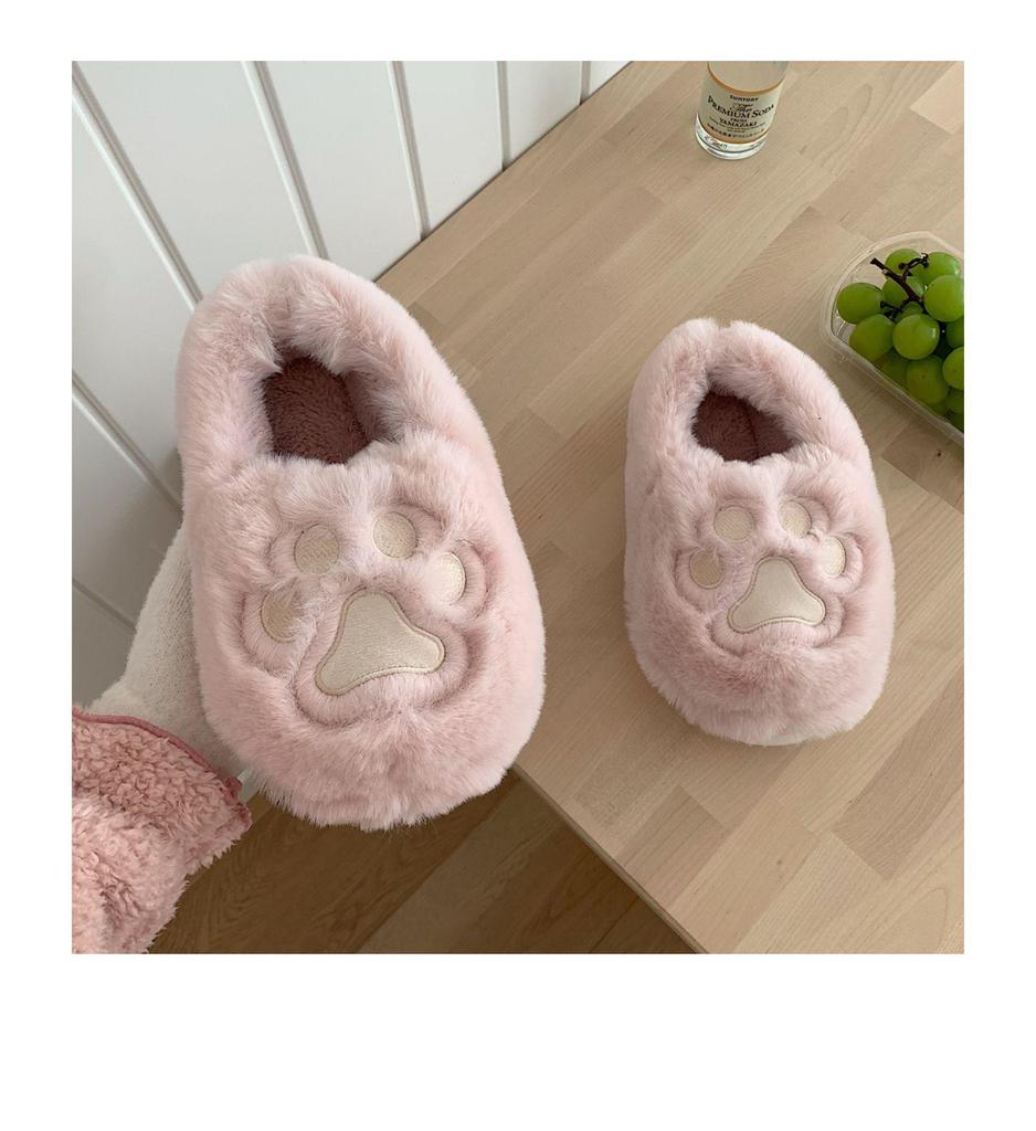 Women's Cute Korean Style Heart Plush Winter Slippers with Cat Paw Design and Soft Full Heel
