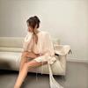 Women's Elegant Two-Piece Summer Outfit: Ruched O-Neck Mini Dress with Long Lantern Sleeves + Solid Color Chic Shorts