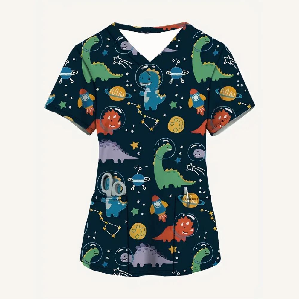 Women s Uniform Dinosaur Cartoon Print Micro-elastic V-neck Fashion Short-sleeved Pockets S