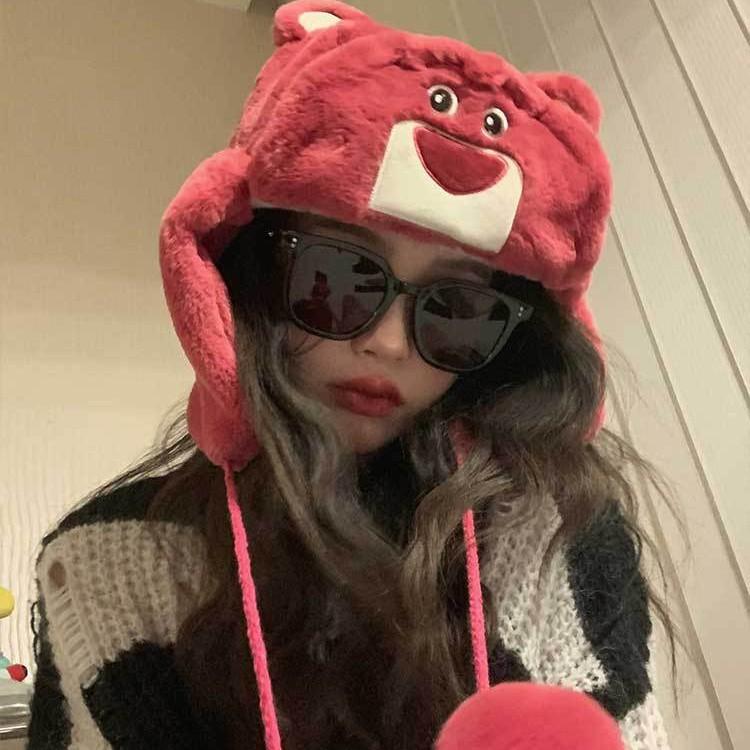 Damska czapka zimowa na zewnątrz ciepła czapka na uszy urocza dziecięca truskawkowy miś zimowa do jazdy na zimno bawełniana czapka