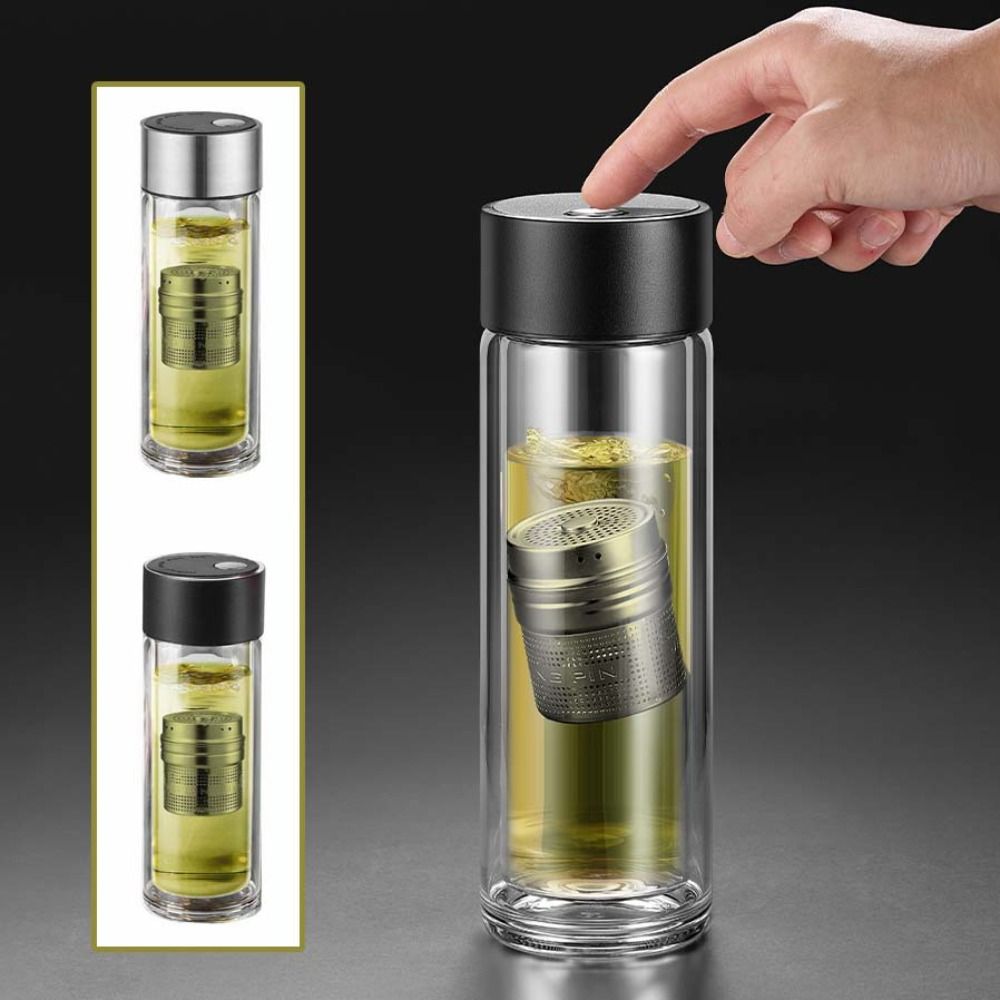 Double Wall Glass Tea Cup Insulated 500ml Magnetic Glass Tumbler Stainless Steel Filter with Tea Infuser Glass Water Bottle nero