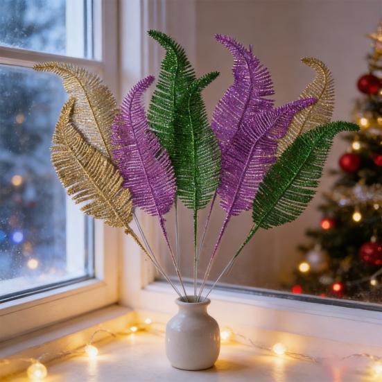Yousheng Glitter Artificial Leaf with Stem Realistic Golden Green Purple Fake Fern Leaf Wedding Party Table Centerpiece Simulated Plants