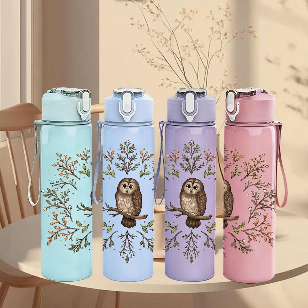 1PC Owl Autumn Leaf Wreath Print 750ml Color Plastic Sports Water Bottle Leakproof Flip Straw Lid Suitable for Sports Office Home Use