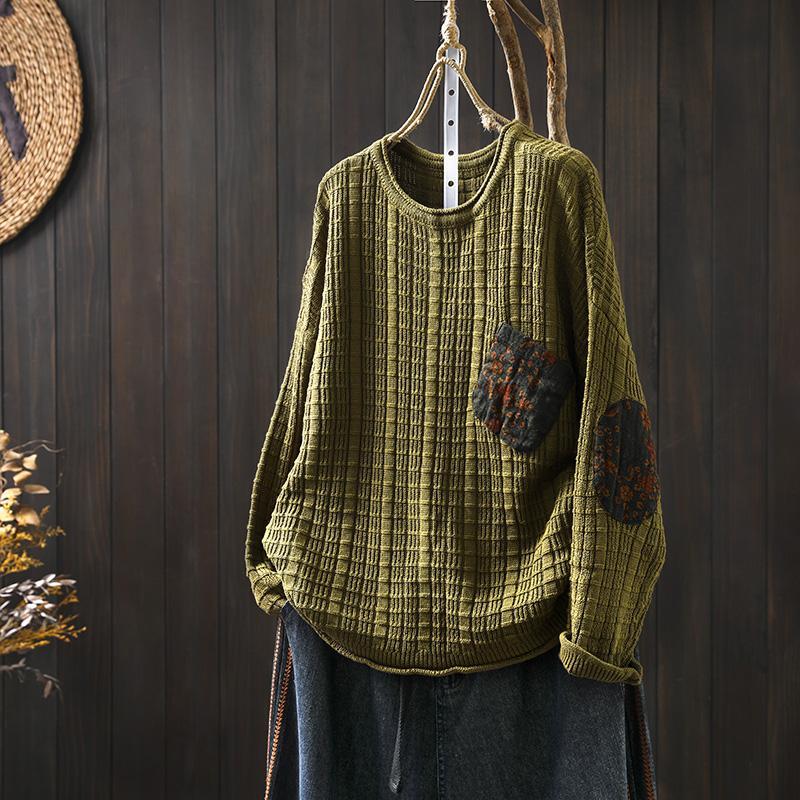 Pull en Tricot de Coton Patch pour Femmes Ample Paresseux Grande Taille Couvrant la Chair Printemps et Automne Rétro Décontracté Col Rond Haut à Manches Longues