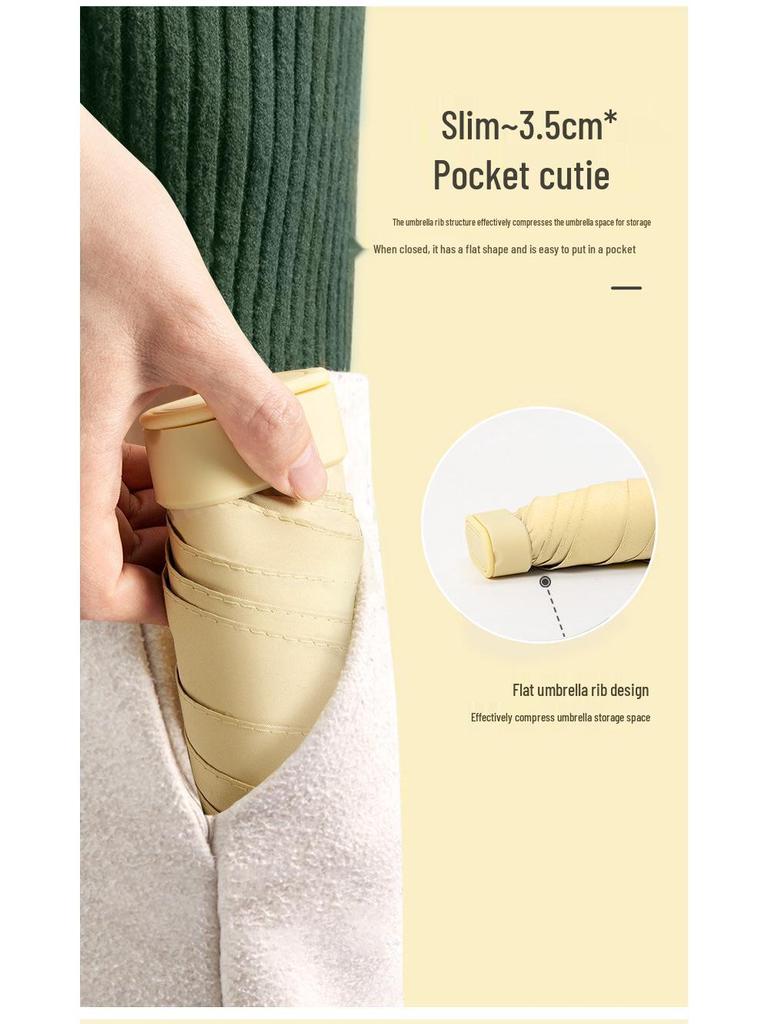 Compact Ultra-Light Six-Fold Capsule Umbrella with Black Glue Sun Protection and Hook