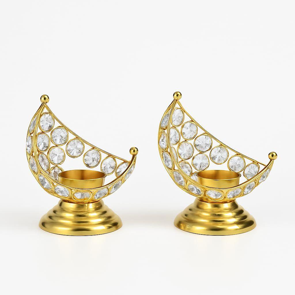 

Crystal Moon Tealight Candle Holder for Home Decor | Diwali Decoration Items | Decorative Tea Light Holder | Golden Candle Stand for Pooja Room
