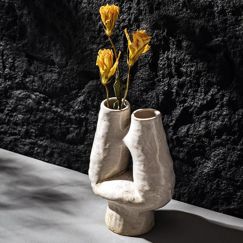 Double-mouth H-shaped vase ceramic porcelain Nordic Bohemian style decorative flowerpot dried flower Puweicao office