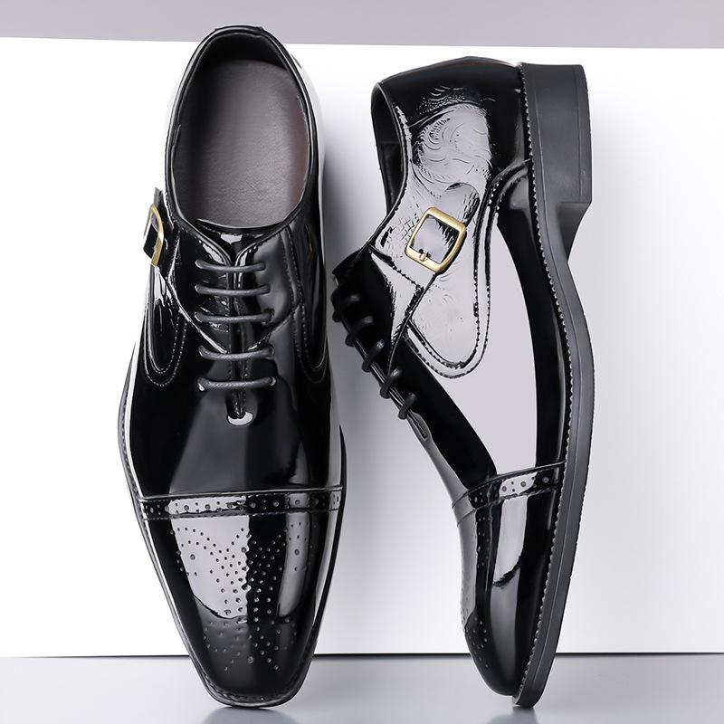 Men's shoes casual shoes young men's suits trendy leather shoes business Hong Kong-style engraved pointed tip slip-resistant large size