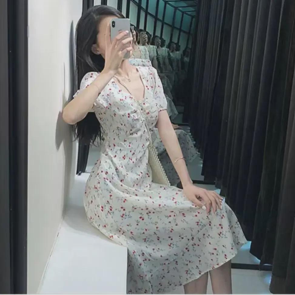 Women's New Arrival 2025 Summer Floral French Dress - Square Collar, Wide Waist, Casual Fashion