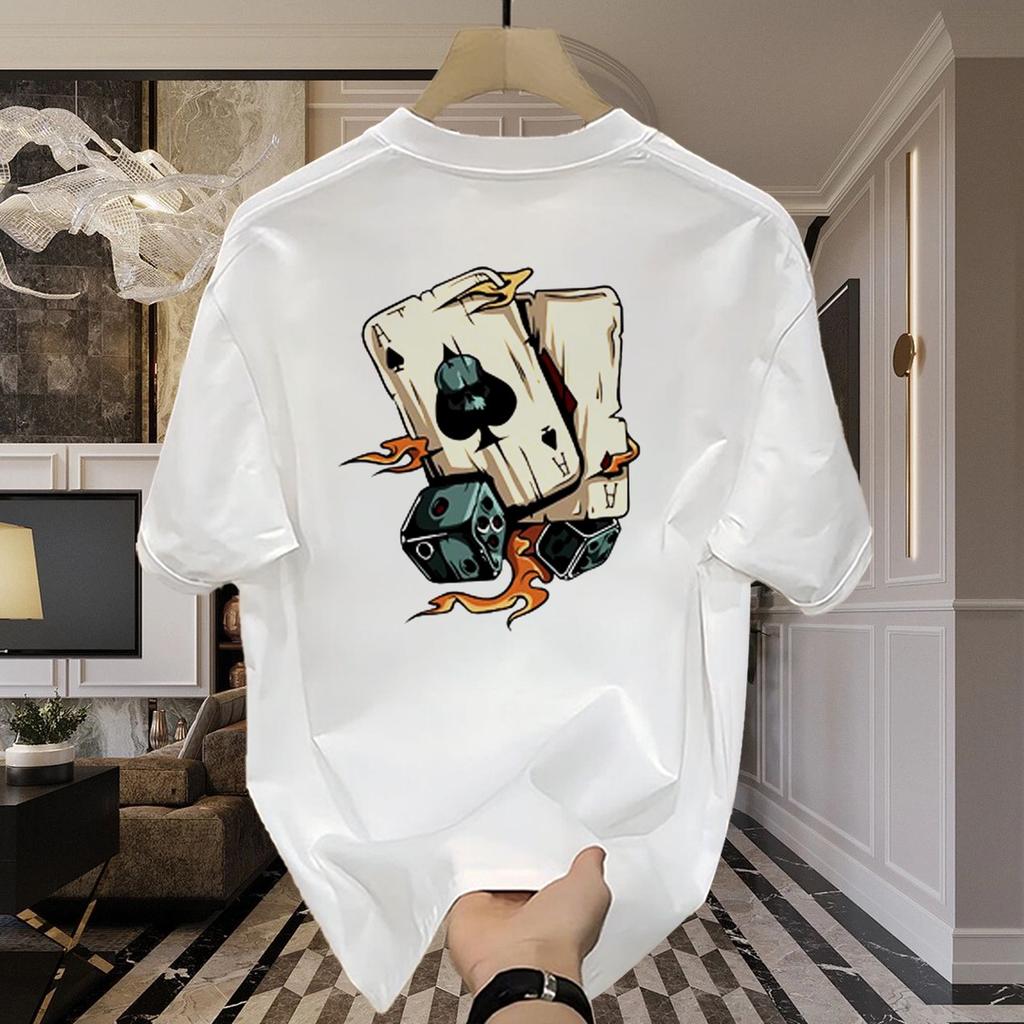 2025 Neues T-Shirt aus reiner Baumwolle, einfarbig, mit Spielkartenaufdruck, Retro-Rundhalsausschnitt, Übergröße, kurzärmlig, vielseitiges Herrenoberteil