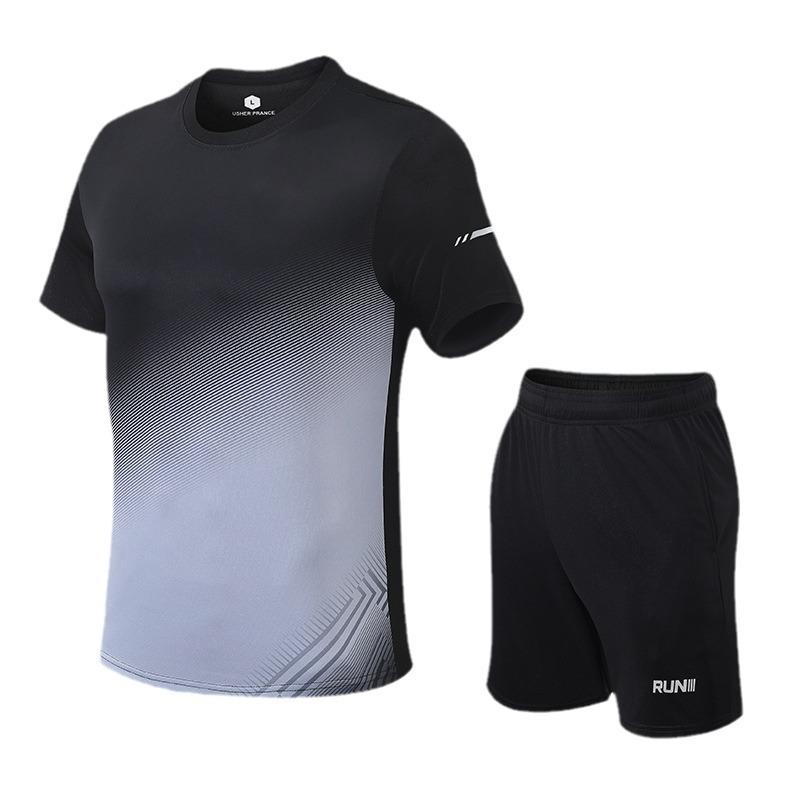 Gradient Ice Silk Short Sleeve T-shirt for Men's Summer Thin Breathable Casual Sports Quick Drying Set Two-piece Set