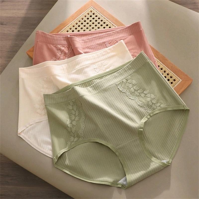 3 PCS Plus Size Underwear Women High Waist Cotton Panties Breathable Floral Lace Briefs for Middle Aged Mom Ladies Briefs XL XXL 3XL 4XL 5XL