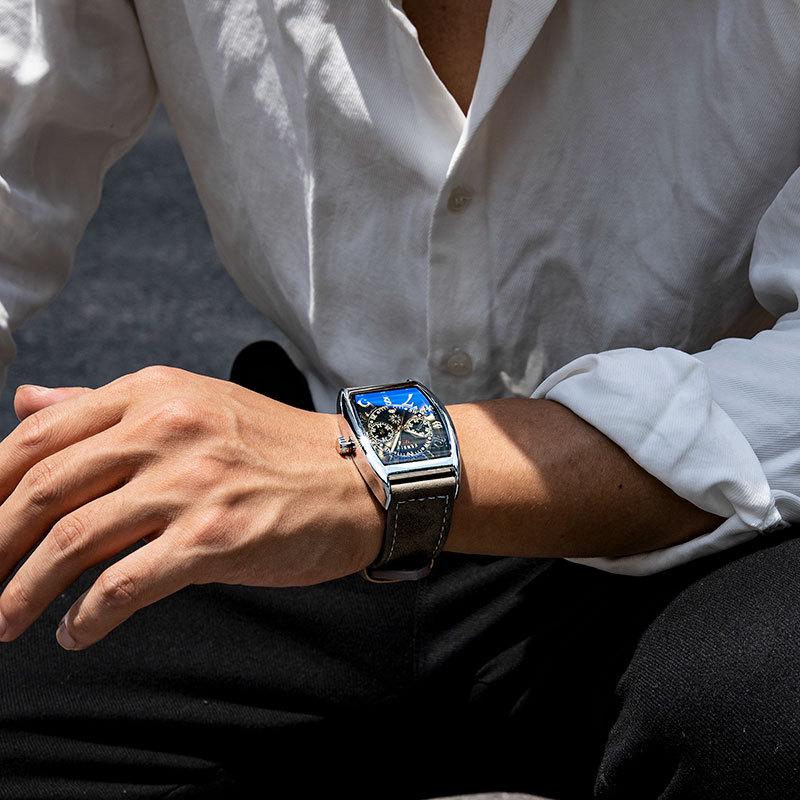 Finish Big Barrel Men's Watch: European & American Style, Leather Strap, Waterproof, Calendar, Casual Office Wear.