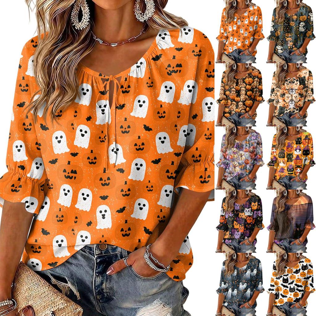 Women's Halloween Print Round Neck Tie Front Ruffle Blouse Three-Quarter Sleeves