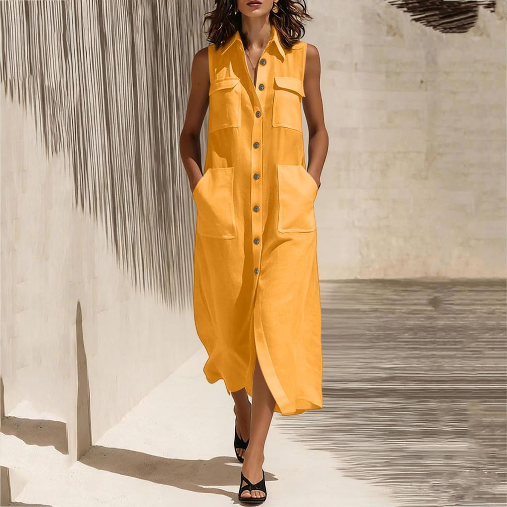 Ärmelloses Maxikleid mit Knopfleiste, Kragen und Taschen, lockere Passform, lässiges langes Kleid für Damen, Sommermode