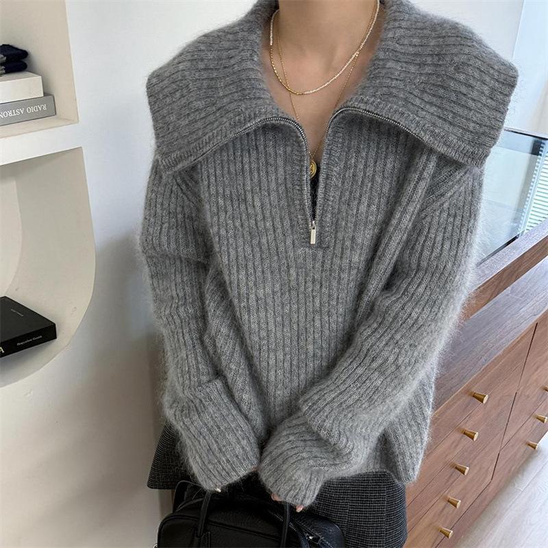 

Thickened loose design semi-zipper knitted sweater top lazy style gray camel wool knitted sweater women one size fits all