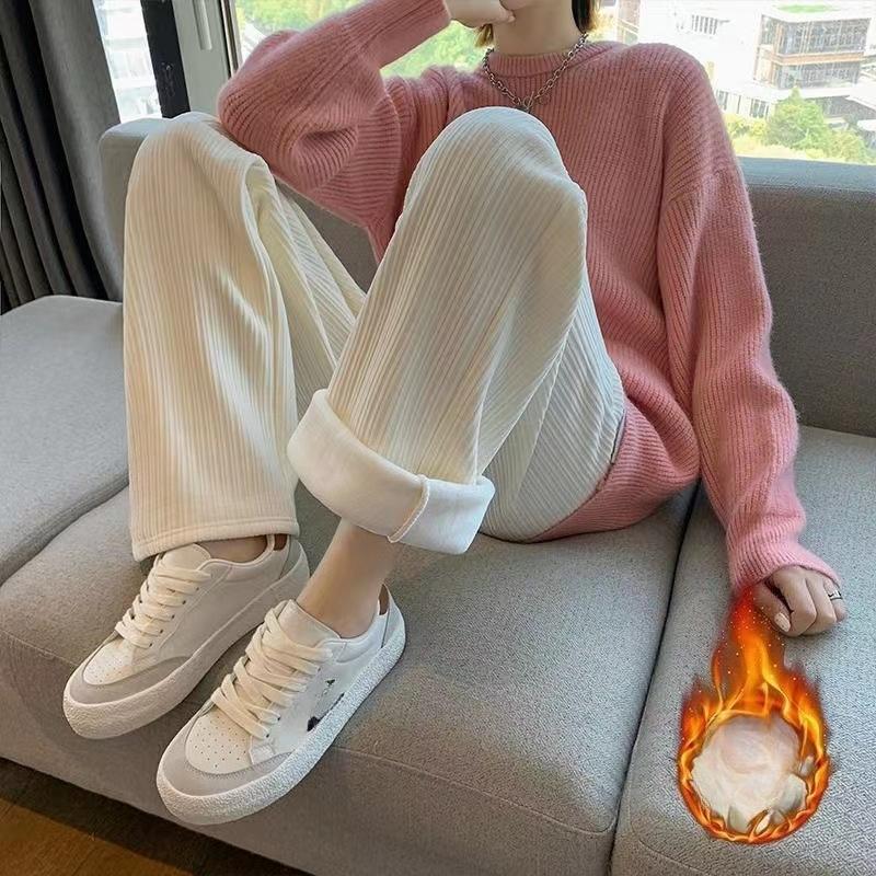 

Вельветовые брюки палаццо женские кремовые брюки на флисовой подкладке с высокой талией прямого кроя драпирующиеся шенилл повседневные осенне-зимние One Size