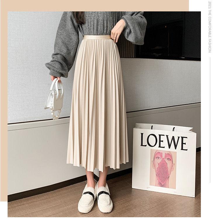 High Waist Long Women Skirt A Line Elastic Pleated Calf Length Solid Simply Classic Female Bottom Thin Summer Y2k Skirt