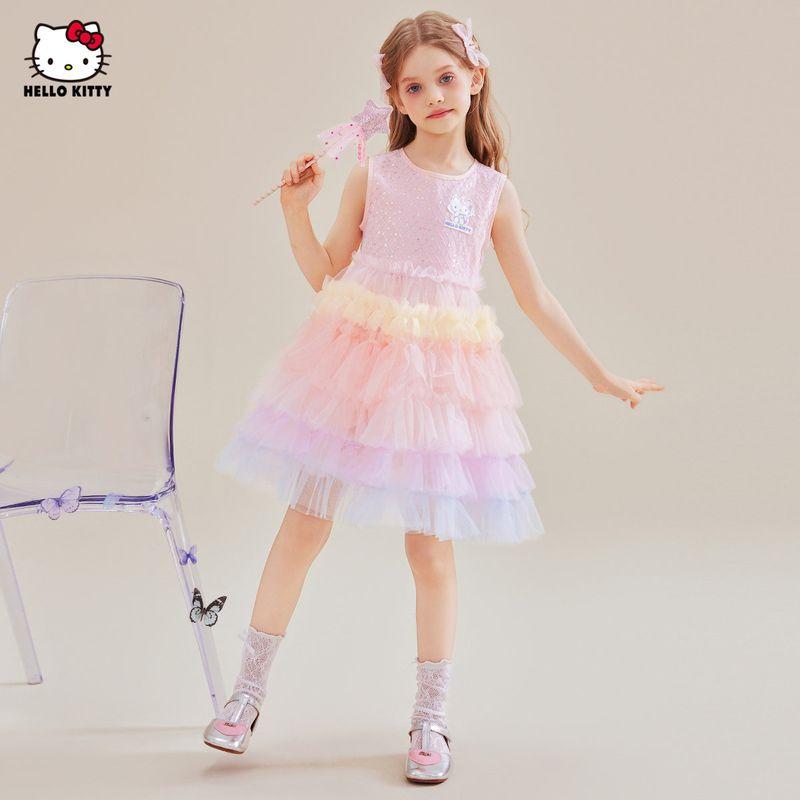Hellokitty Girls' Summer Dress 2025 New Mesh Cake Dress Gradient Color Tutu Skirt Princess Dress