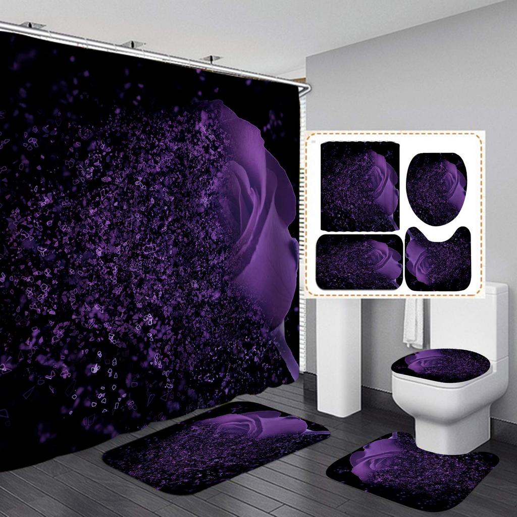 Valentines Shower Curtain Set Romantic Red Rose Flowers And Wine Shower Curtain Set With Non-Slip Rug Toilet Lid Cover Bath Mat