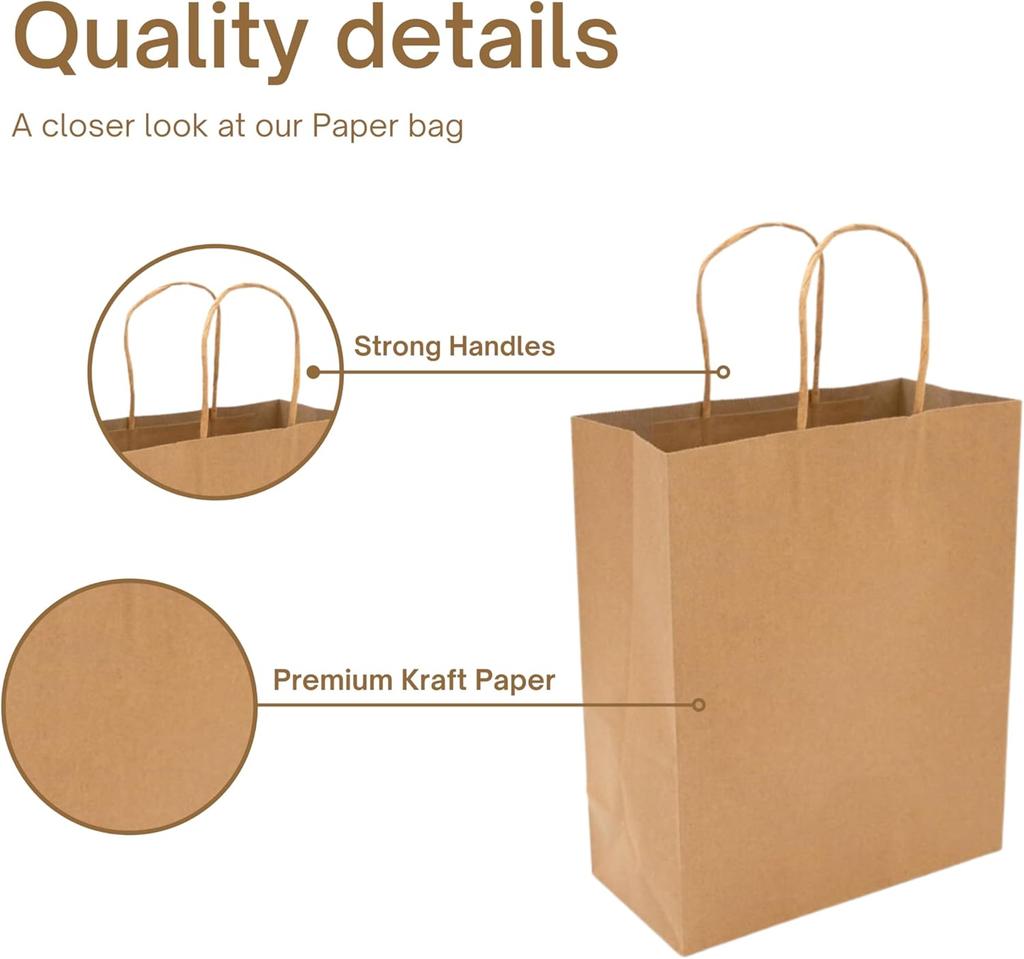 25/50 Stück Kraft-Geschenktüten mit breitem Boden und Henkeln – Braune Papiertüten im Großpack für Geschenke, Einzelhandel, Partygeschenke & Einkaufen