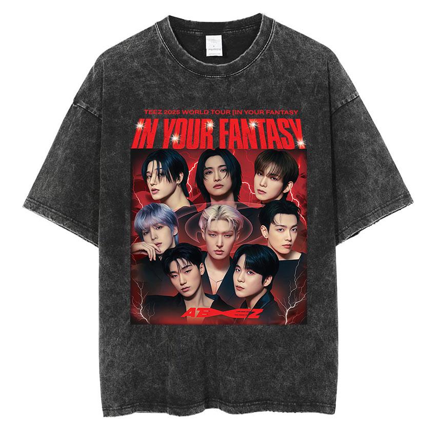 Vintage Washed Ateez in Your Fantasy World Tour 2025 T Shirts Men Women Hip Hop Korean Fans Gift Short Sleeve T-Shirt Streetwear S разноцветный