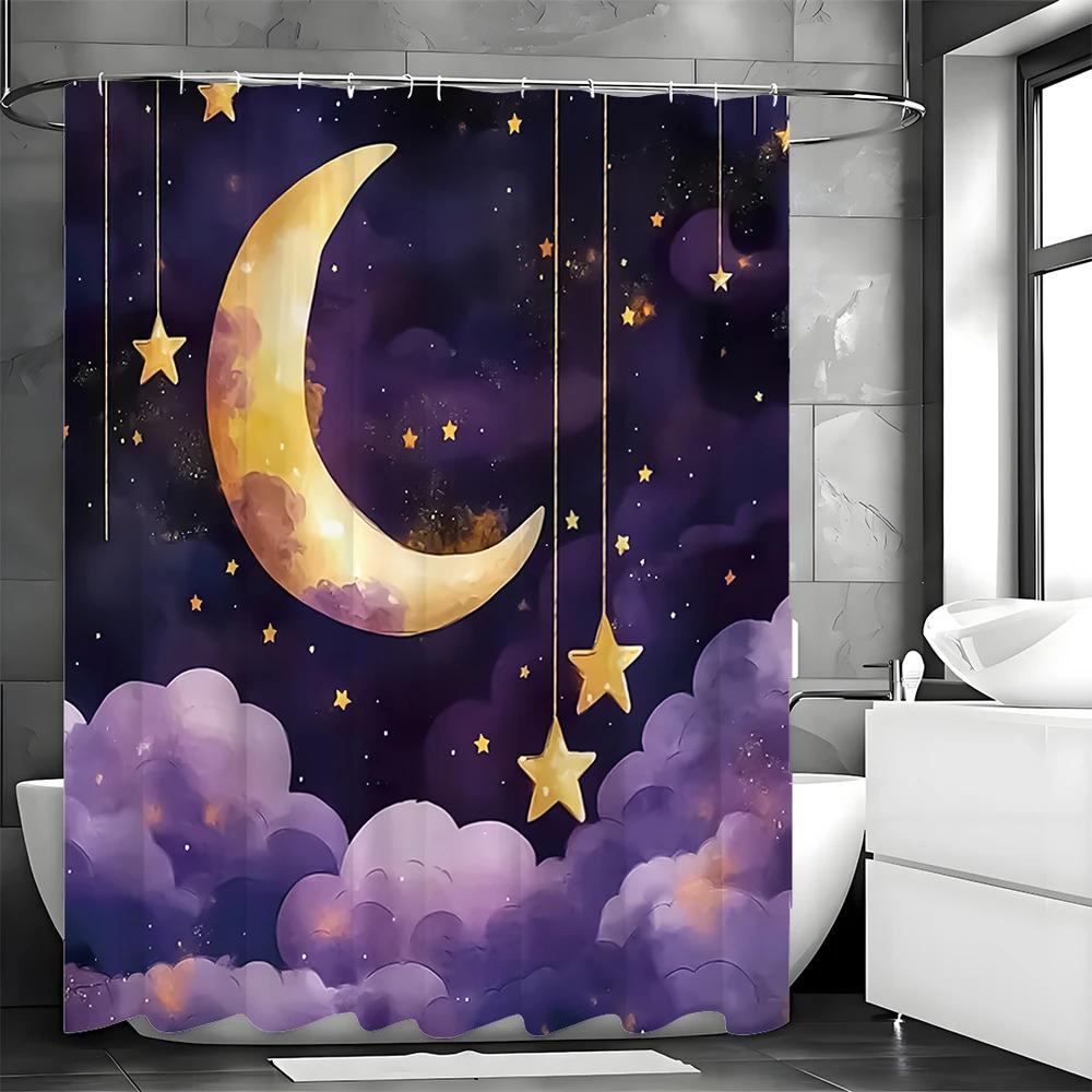 Moon Stars Clouds Purple Shower Curtain, Bathroom Decorative Shower Curtain, Waterproof Shower Curtain with Hooks