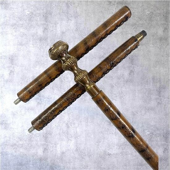 Hölzerner Spazierstock mit Messing-Kompassgriff, Lederumwickelter dekorativer Stock, Einzigartiges Geschenk für Männer, Frauen, Sammler