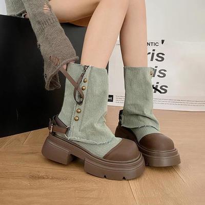 Cowboy Runde Spitze Plateau Höhe Erhöhung Halbe Hohe Stiefel für Frauen Frühling Herbst Schick und Elegant Cosplay Mittelhohe Stiefel Frau