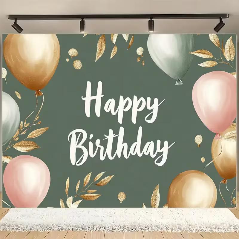 

2D Minimalist Green & Gold Balloon Birthday Tapestry Party Background Cloth 47.2x31.5inch/120*80cm
