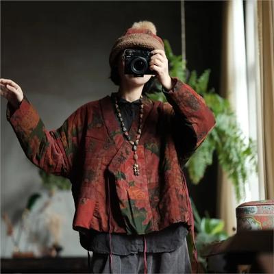 Frauen Vintage Patchwork Rot Cord Druck Floral Mäntel Winter Gürtel Chinesischen Stil Frauen Mäntel