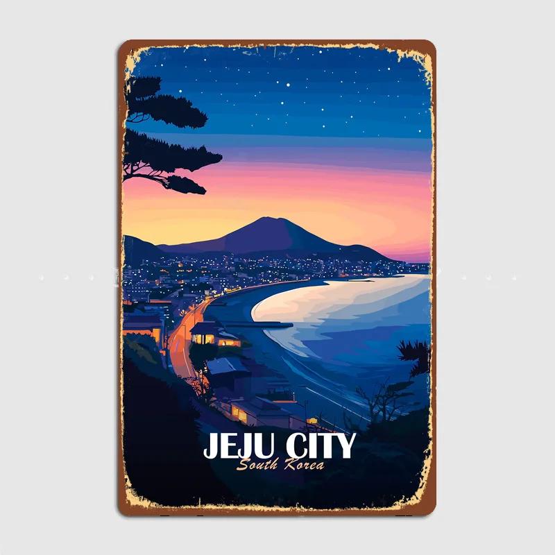 Чеджу Си Южная Корея Ночной пейзаж Классический Винтажный Ретро Металлический постер Спальня Стена Домашний декор Бар Жестяная табличка Украшение комнаты 20x30cm（7.8x11.8inch）