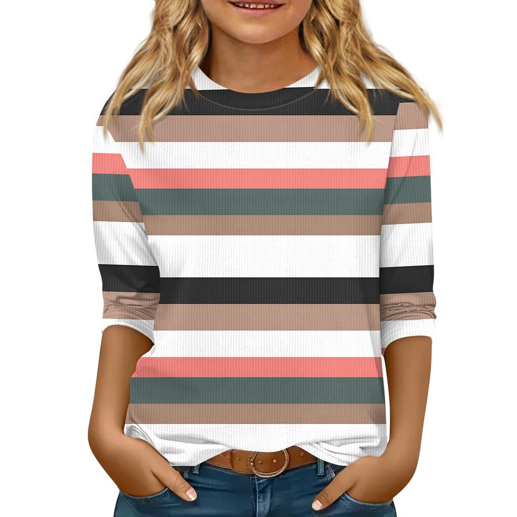 Children's 3/4 Sleeve Tops Knit Casual Print T Shirt Round Neck Pullover Blouse