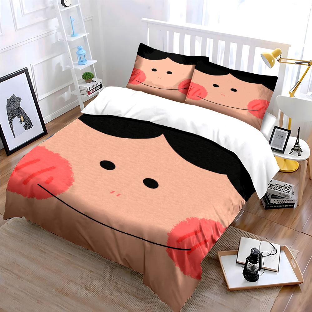 3Pcs Blush Cheek Cute Kid Face Bedding Set Minimal Cartoon Portrait Print Duvet Cover 2 Pillowcases Single Double Gift