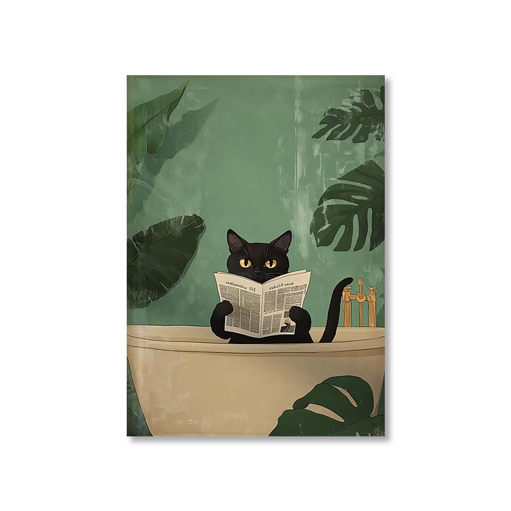 1 Stück rahmenloses lustiges Tier liest Zeitung auf der Toilette Poster Leinwandbild Affe Hund Schwarze Katze Badezimmer Wandkunst Heimdekoration