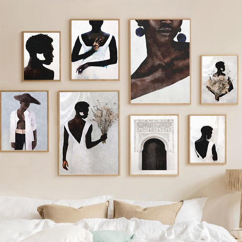 Beautiful Black Girl Wall Art Flowers Door Watercolor Oil Painting Minimalist Nordic Poster Printing Wall Painting Living Room