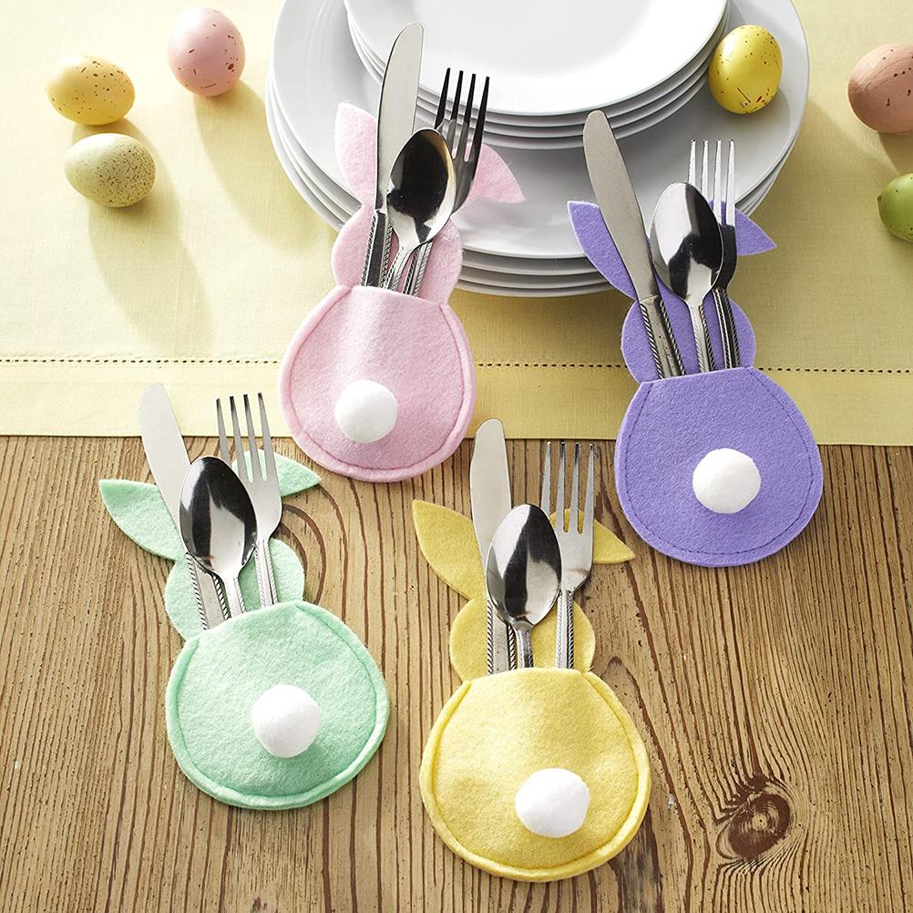 16Pcs Easter Bunny Cutlery Bags Rabbit Flatware Holder Tableware Utensil Storage Bags for Home