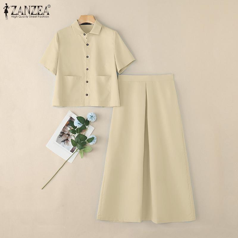 ZANZEA Blusa de Manga Corta para Mujer y Faldas Largas Conjuntos de Traje de Dos Piezas de Verano
