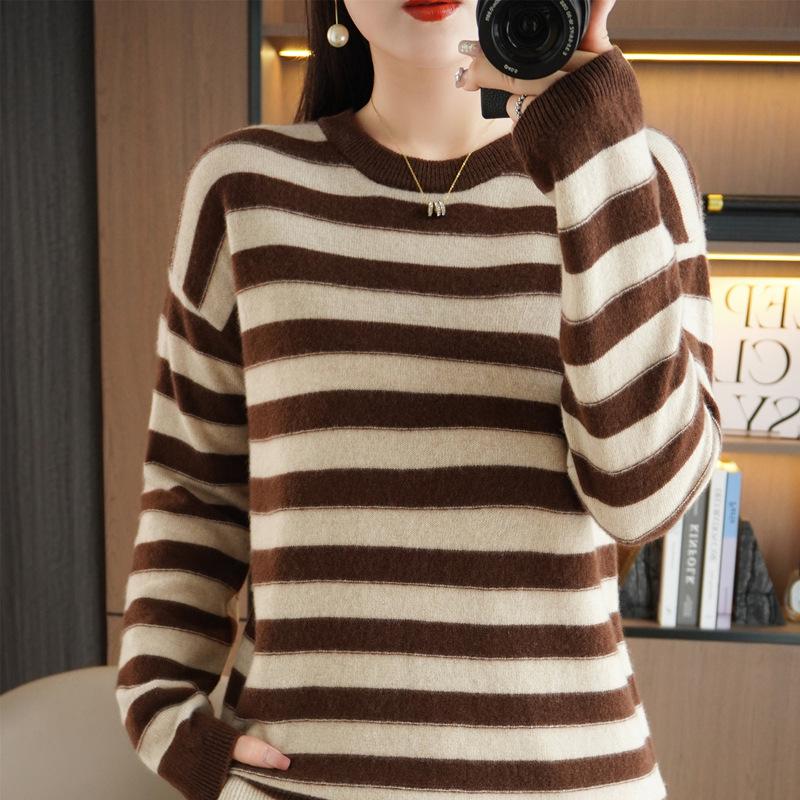 Andy Velvet Striped Round Neck Knitted Base Shirt for Women In Autumn and Winter Skin-friendly and Warm Pullover Top Loose and Versatile Sweater