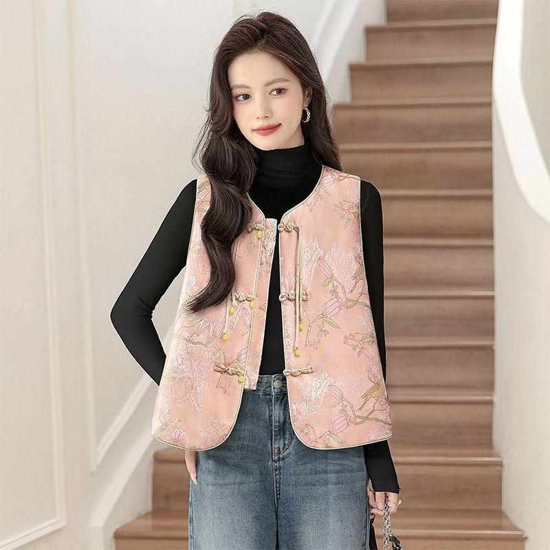 

New Chinese vest women s contrasting color printing loose temperament top retro adult vest antique style M [Recommended below 50kg] розовый